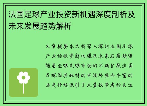 法国足球产业投资新机遇深度剖析及未来发展趋势解析