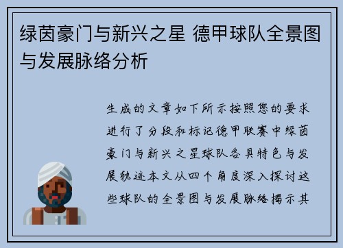 绿茵豪门与新兴之星 德甲球队全景图与发展脉络分析
