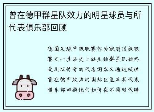 曾在德甲群星队效力的明星球员与所代表俱乐部回顾